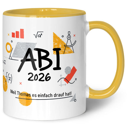 SEO. Bedruckte Tasse mit Spruch - Abi - Personalisiert mit Namen - Gelb Linkreich