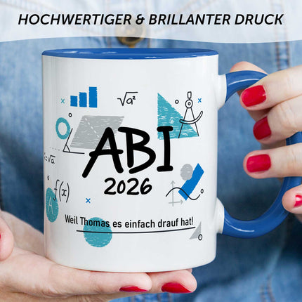 SEO. Bedruckte Tasse mit Spruch - Abi - Personalisiert mit Namen - Blau Linkreich