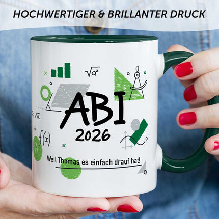 SEO. Bedruckte Tasse mit Spruch - Abi - Personalisiert mit Namen - Gelb Linkreich