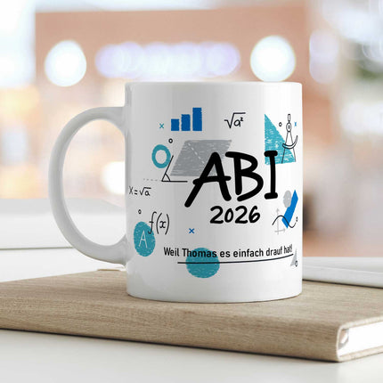 SEO. Bedruckte Tasse mit Spruch - Abi - Personalisiert mit Namen - Weiß Linkreich