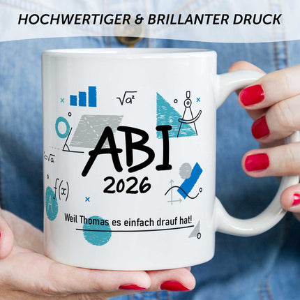 SEO. Bedruckte Tasse mit Spruch - Abi - Personalisiert mit Namen - Weiß Linkreich