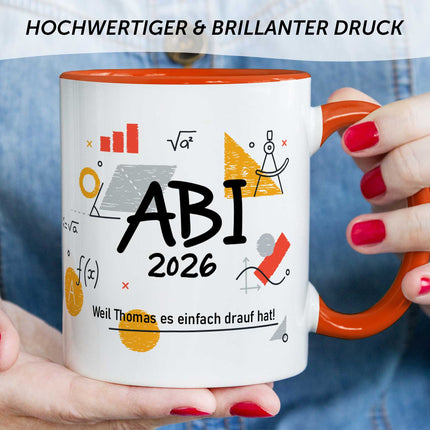 SEO. Bedruckte Tasse mit Spruch - Abi - Personalisiert mit Namen - Orange Linkreich
