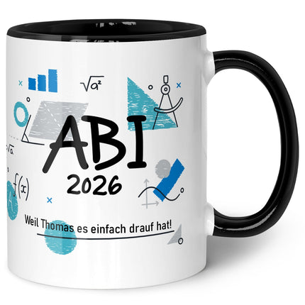 SEO. Bedruckte Tasse mit Spruch - Abi - Personalisiert mit Namen - Schwarz & Weiß Linkreich