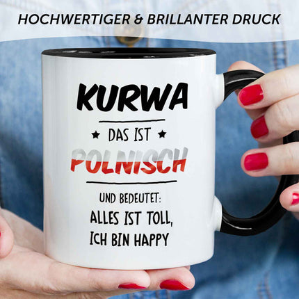 SEO. Bedruckte Tasse mit Spruch Alles toll Kurwa - Schwarz & Weiß Linkreich