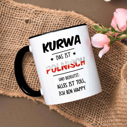 SEO. Bedruckte Tasse mit Spruch Alles toll Kurwa - Schwarz & Weiß Linkreich