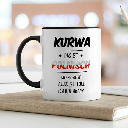 SEO. Bedruckte Tasse mit Spruch Alles toll Kurwa - Schwarz & Weiß Linkreich