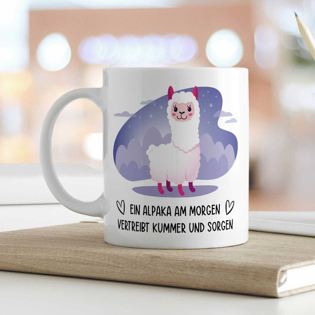 SEO. Bedruckte Tasse mit Spruch Alpaka am Morgen - Weiß Linkreich