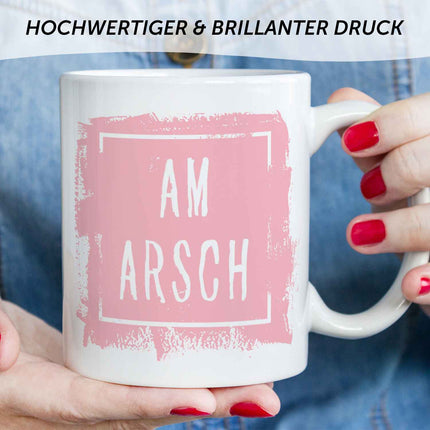 SEO. Bedruckte Tasse mit Spruch - Am Arsch - Weiß Linkreich