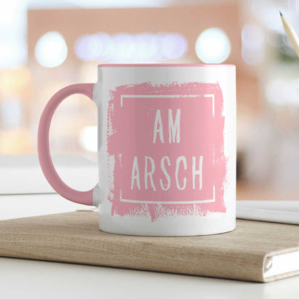 SEO. Bedruckte Tasse mit Spruch - Am Arsch - Rosa Linkreich