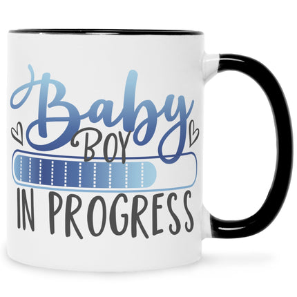 SEO. Bedruckte Tasse mit Spruch Baby in Progress - Boy Schwarz & Weiß Linkreich