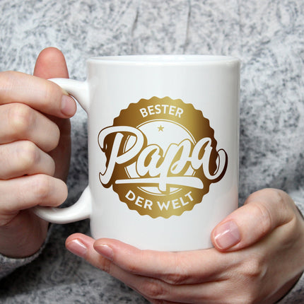 SEO. Bedruckte Tasse mit Spruch Bester Papa der Welt - Dad Weiß Linkreich
