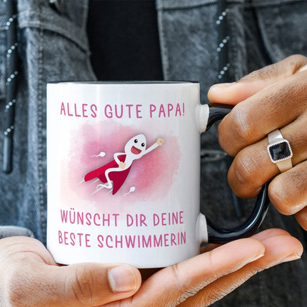 SEO. Bedruckte Tasse mit Spruch Bester Schwimmer - Mädchen Schwarz & Weiß Linkreich