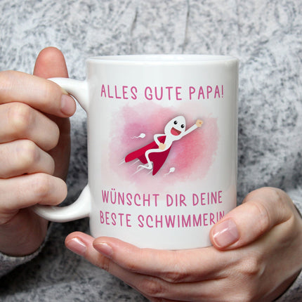 SEO. Bedruckte Tasse mit Spruch Bester Schwimmer - Mädchen Weiß Linkreich