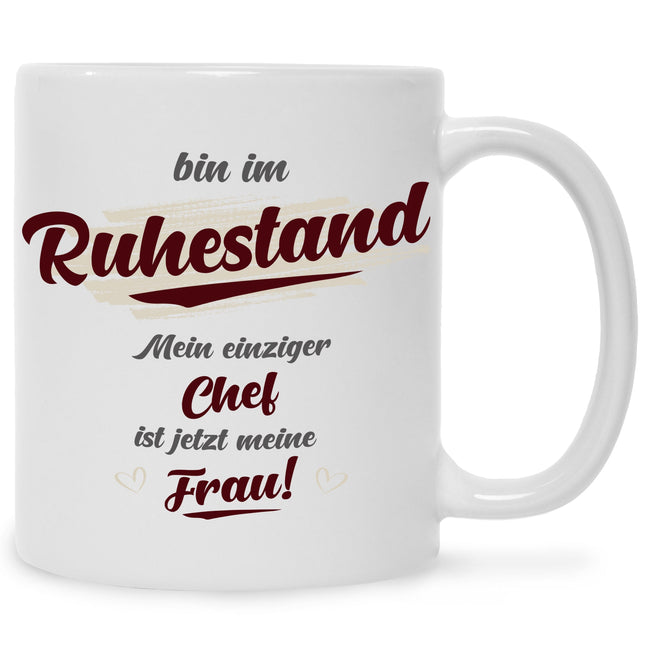 SEO. Bedruckte Tasse mit Spruch Bin im Ruhestand - Weiß Linkreich