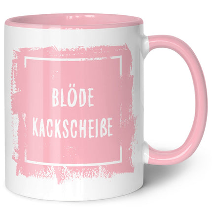 SEO. Bedruckte Tasse mit Spruch - Blöde Kackscheiße - Rosa Linkreich