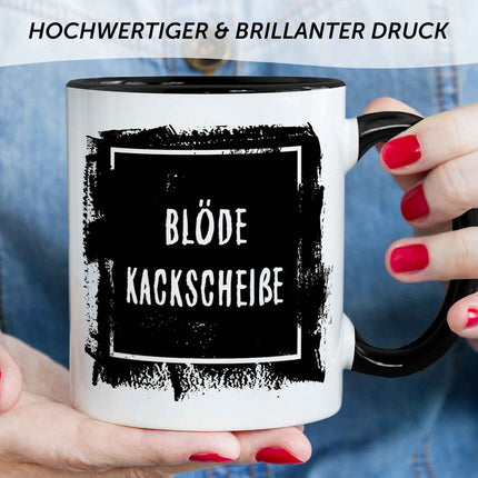 SEO. Bedruckte Tasse mit Spruch - Blöde Kackscheiße - Schwarz & Weiß Linkreich