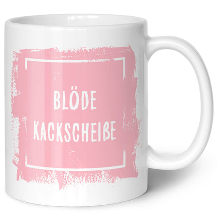 SEO. Bedruckte Tasse mit Spruch - Blöde Kackscheiße - Weiß Linkreich