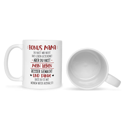 SEO. Bedruckte Tasse mit Spruch Bonus Eltern - Mama - Weiß Linkreich