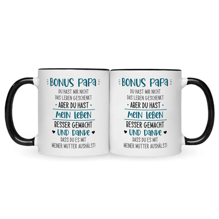 SEO. Bedruckte Tasse mit Spruch Bonus Eltern - Papa - Schwarz & Weiß Linkreich