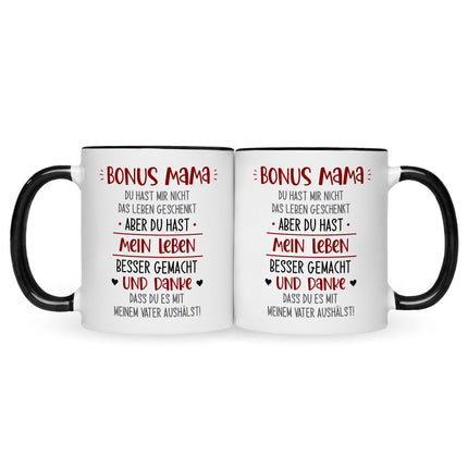 SEO. Bedruckte Tasse mit Spruch Bonus Eltern - Mama - Schwarz & Weiß Linkreich