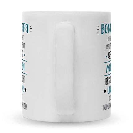 SEO. Bedruckte Tasse mit Spruch Bonus Eltern - Papa - Weiß Linkreich
