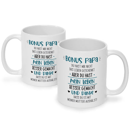 SEO. Bedruckte Tasse mit Spruch Bonus Eltern - Papa - Weiß Linkreich