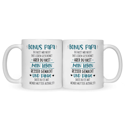 SEO. Bedruckte Tasse mit Spruch Bonus Eltern - Papa - Weiß Linkreich
