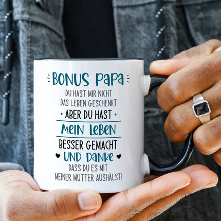 SEO. Bedruckte Tasse mit Spruch Bonus Eltern - Papa - Weiß Linkreich