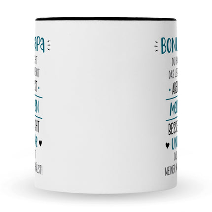 SEO. Bedruckte Tasse mit Spruch Bonus Eltern - Papa - Schwarz & Weiß Linkreich