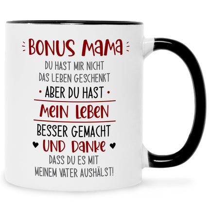 SEO. Bedruckte Tasse mit Spruch Bonus Eltern - Mama - Schwarz & Weiß Linkreich