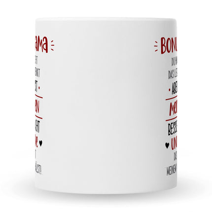SEO. Bedruckte Tasse mit Spruch Bonus Eltern - Mama - Weiß Linkreich