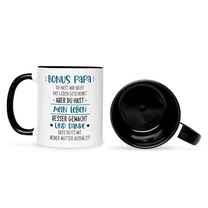 SEO. Bedruckte Tasse mit Spruch Bonus Eltern - Papa - Schwarz & Weiß Linkreich