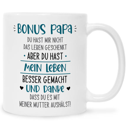 SEO. Bedruckte Tasse mit Spruch Bonus Eltern - Papa - Weiß Linkreich