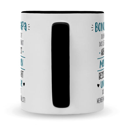 SEO. Bedruckte Tasse mit Spruch Bonus Eltern - Papa - Schwarz & Weiß Linkreich