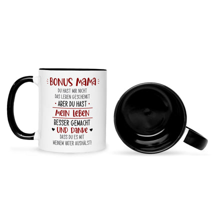 SEO. Bedruckte Tasse mit Spruch Bonus Eltern - Mama - Schwarz & Weiß Linkreich
