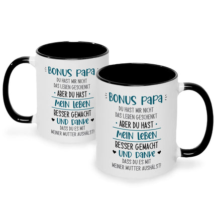SEO. Bedruckte Tasse mit Spruch Bonus Eltern - Papa - Schwarz & Weiß Linkreich