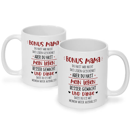 SEO. Bedruckte Tasse mit Spruch Bonus Eltern - Mama - Weiß Linkreich