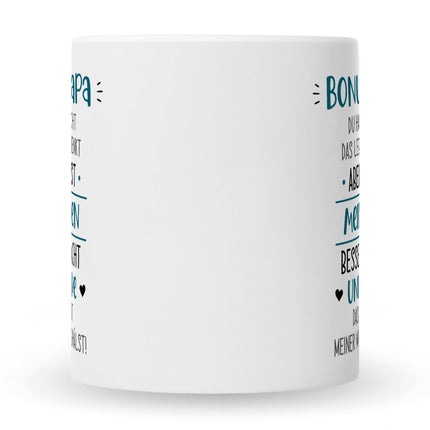 SEO. Bedruckte Tasse mit Spruch Bonus Eltern - Papa - Weiß Linkreich