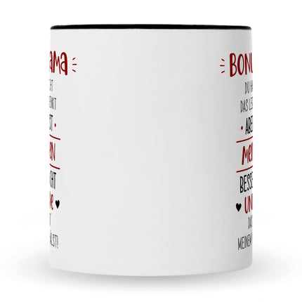 SEO. Bedruckte Tasse mit Spruch Bonus Eltern - Mama - Schwarz & Weiß Linkreich