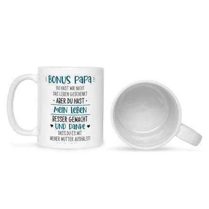 SEO. Bedruckte Tasse mit Spruch Bonus Eltern - Papa - Weiß Linkreich