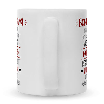 SEO. Bedruckte Tasse mit Spruch Bonus Eltern - Mama - Weiß Linkreich