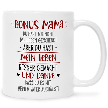 SEO. Bedruckte Tasse mit Spruch Bonus Eltern - Mama - Weiß Linkreich
