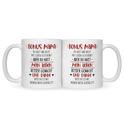 SEO. Bedruckte Tasse mit Spruch Bonus Eltern - Mama - Weiß Linkreich