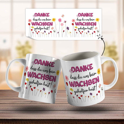 SEO. Bedruckte Tasse mit Spruch - "Danke dass du uns beim Wachsen geholfen hast" - Blumen Rosa - Weiß Linkreich