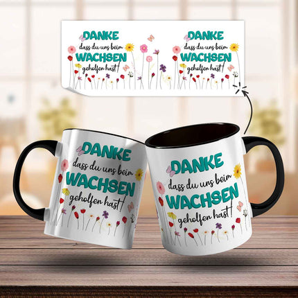 SEO. Bedruckte Tasse mit Spruch - "Danke dass du uns beim Wachsen geholfen hast" - Blumen Blau - Schwarz & Weiß Linkreich