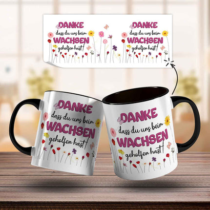 SEO. Bedruckte Tasse mit Spruch - "Danke dass du uns beim Wachsen geholfen hast" - Blumen Rosa - Schwarz & Weiß Linkreich
