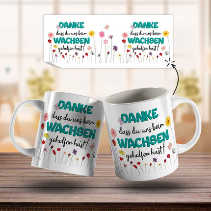 SEO. Bedruckte Tasse mit Spruch - "Danke dass du uns beim Wachsen geholfen hast" - Blumen Blau - Weiß Linkreich
