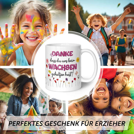 SEO. Bedruckte Tasse mit Spruch - "Danke dass du uns beim Wachsen geholfen hast" - Blumen Rosa - Weiß Linkreich