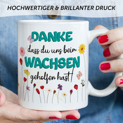 SEO. Bedruckte Tasse mit Spruch - "Danke dass du uns beim Wachsen geholfen hast" - Blumen Blau - Weiß Linkreich
