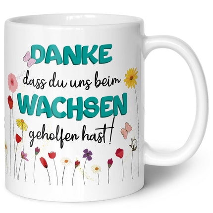 SEO. Bedruckte Tasse mit Spruch - "Danke dass du uns beim Wachsen geholfen hast" - Blumen Blau - Weiß Linkreich